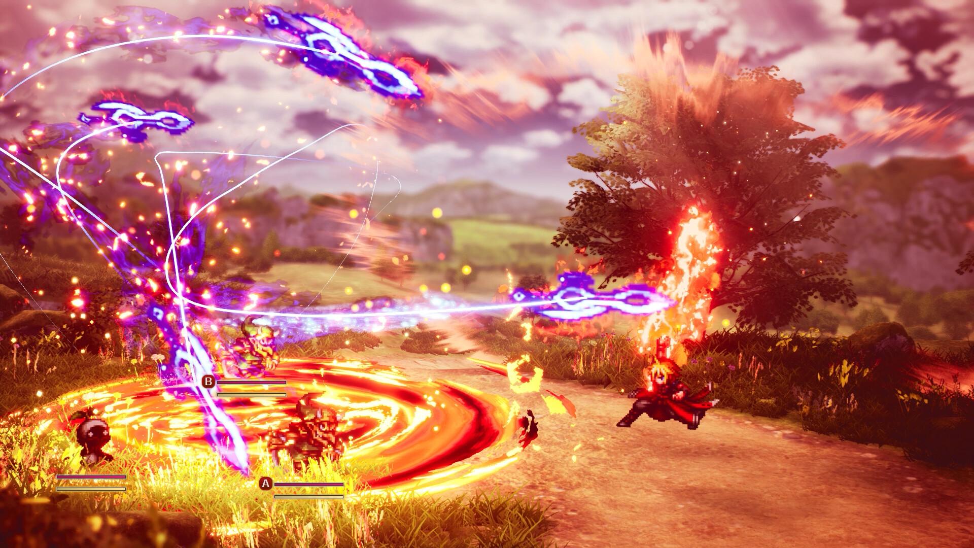 Final Fantasy Resonance, une attaque Résonance déchaîne des tourbillons de flammes et d'énergie violette sur une prairie au cours d'un combat
