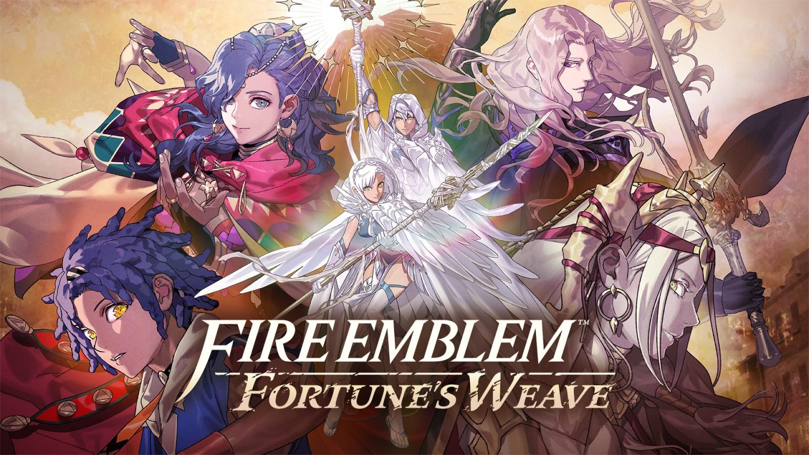 Fire Emblem: Fortune's Weave, les héros et la déesse Fortuna autour du logo
