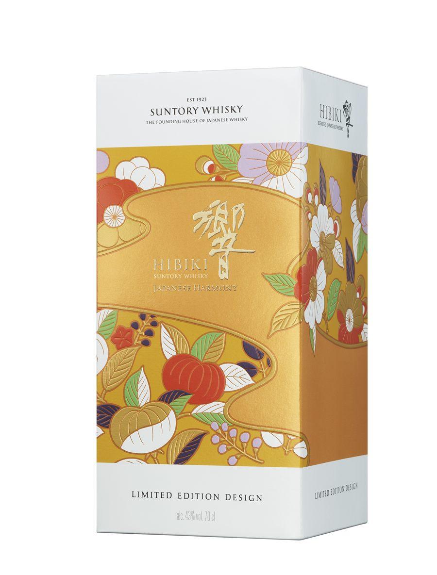 Coffret de l'édition limitée Hibiki Japanese Harmony Chiso, fleurs sur fond d'or
