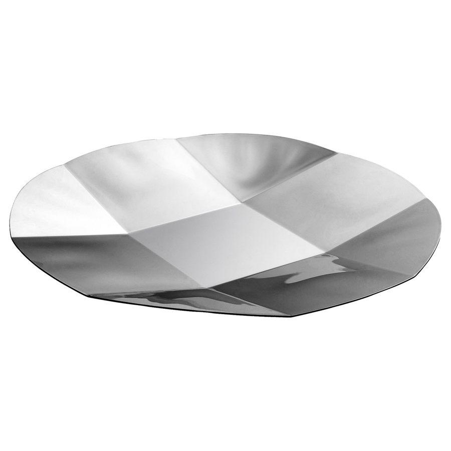 Le plateau rond en acier inoxydable à facettes de la collection IKEA YXSTABY, en forme de croix directionnelle