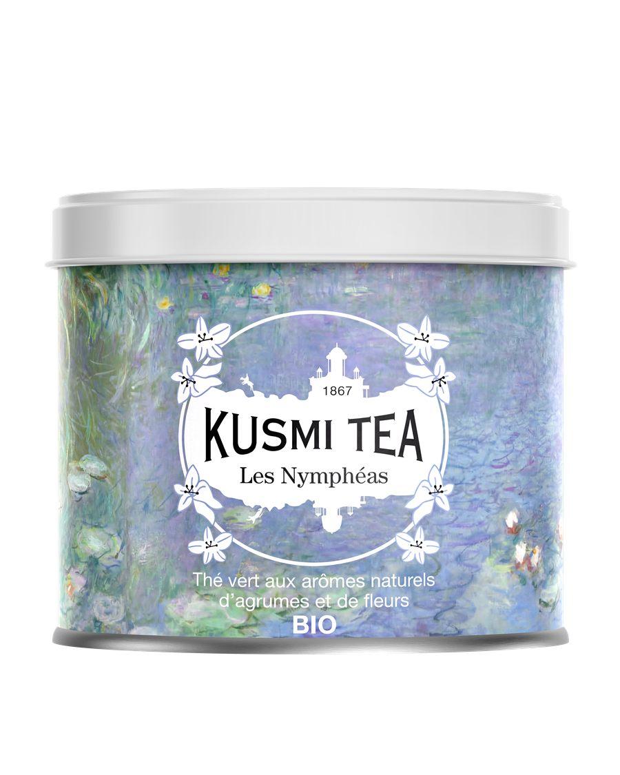 Packshot de la boîte de 100 g du thé vert bio Kusmi Tea Les Nymphéas