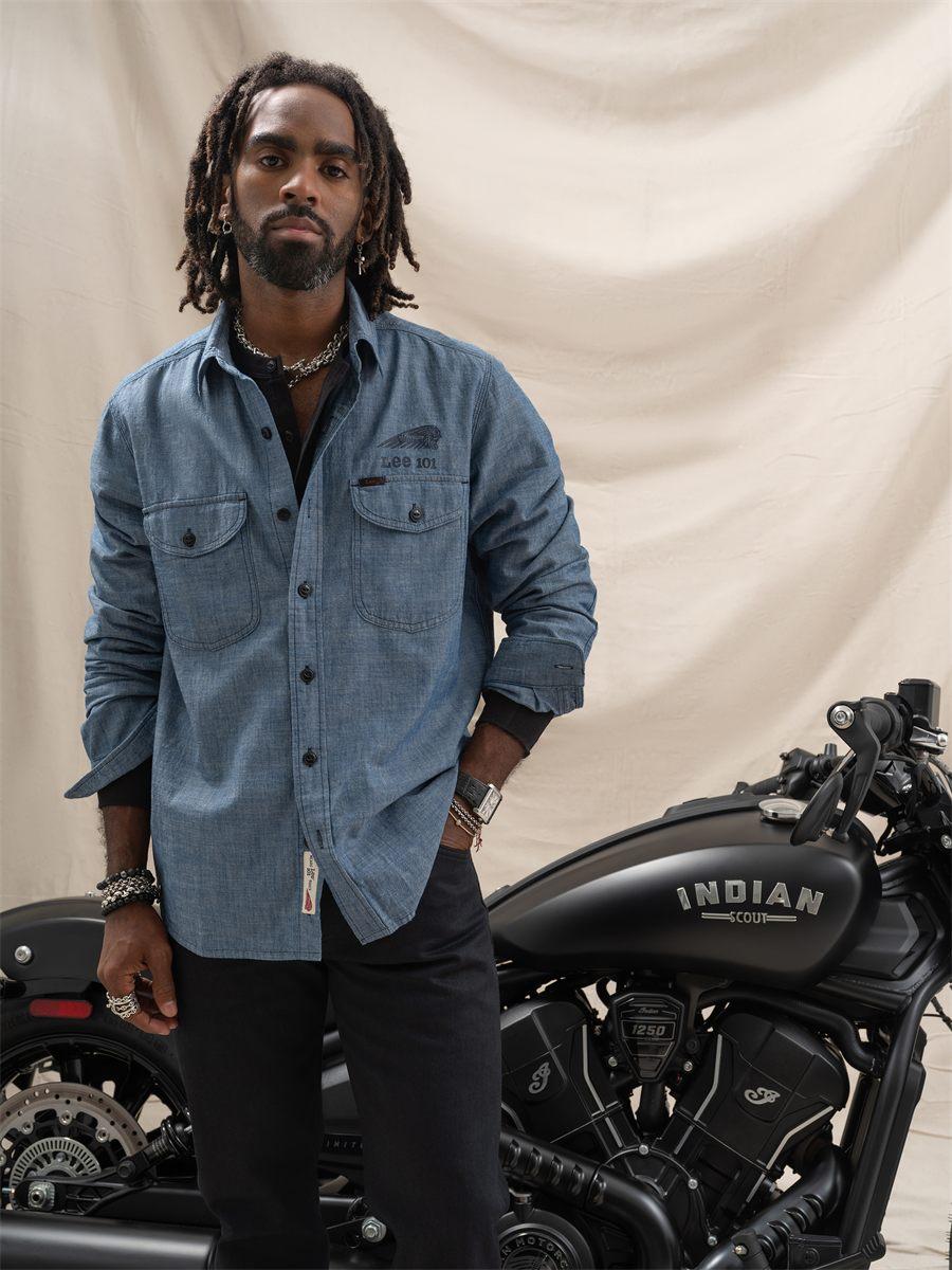 Chemise de travail Lee 101 en chambray avec l'emblème d'Indian
