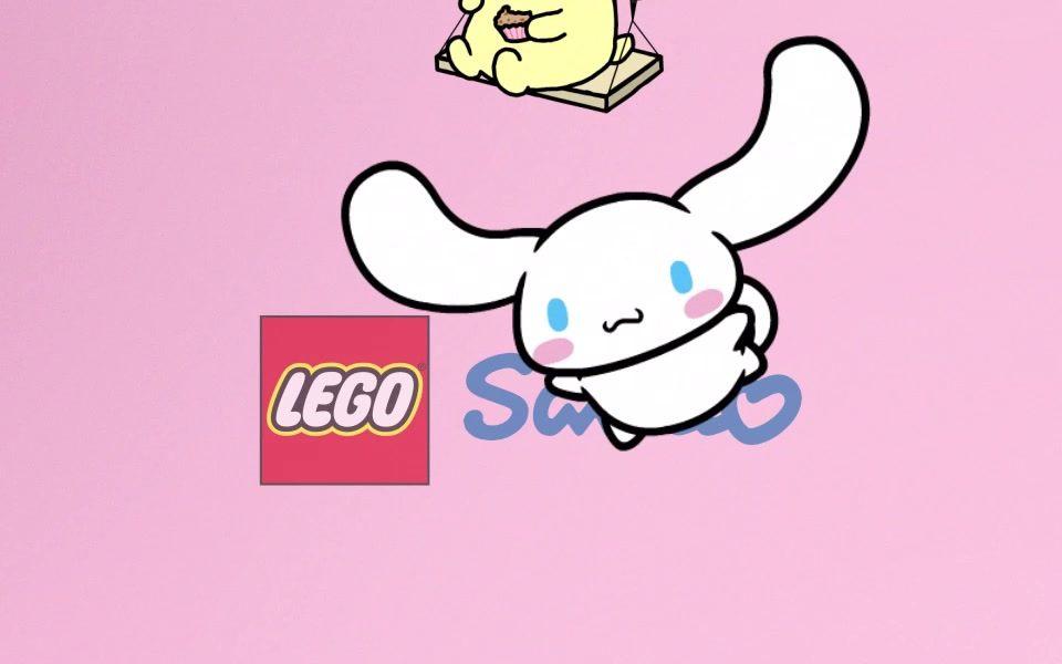 Cinnamoroll, le chiot blanc de Sanrio, vole devant les logos LEGO et Sanrio