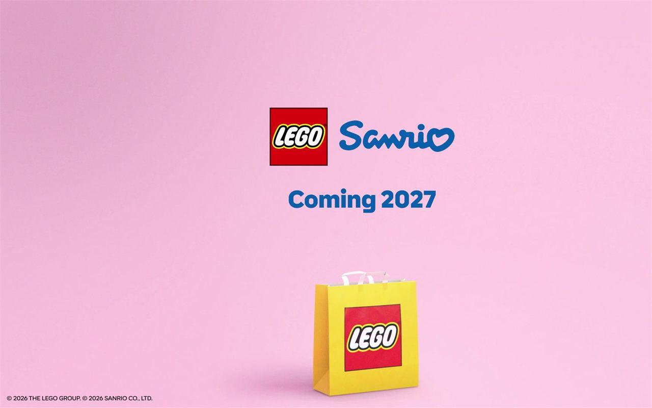 Les logos LEGO et Sanrio réunis au-dessus d'un sac LEGO, avec la mention Coming 2027