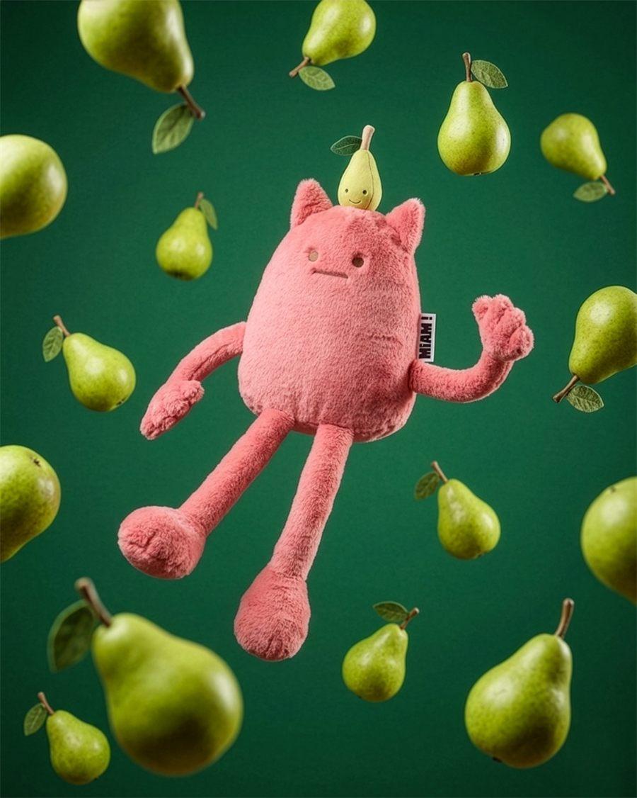 La peluche MIAM Britney Pear, rose, en lévitation parmi des poires sur fond vert