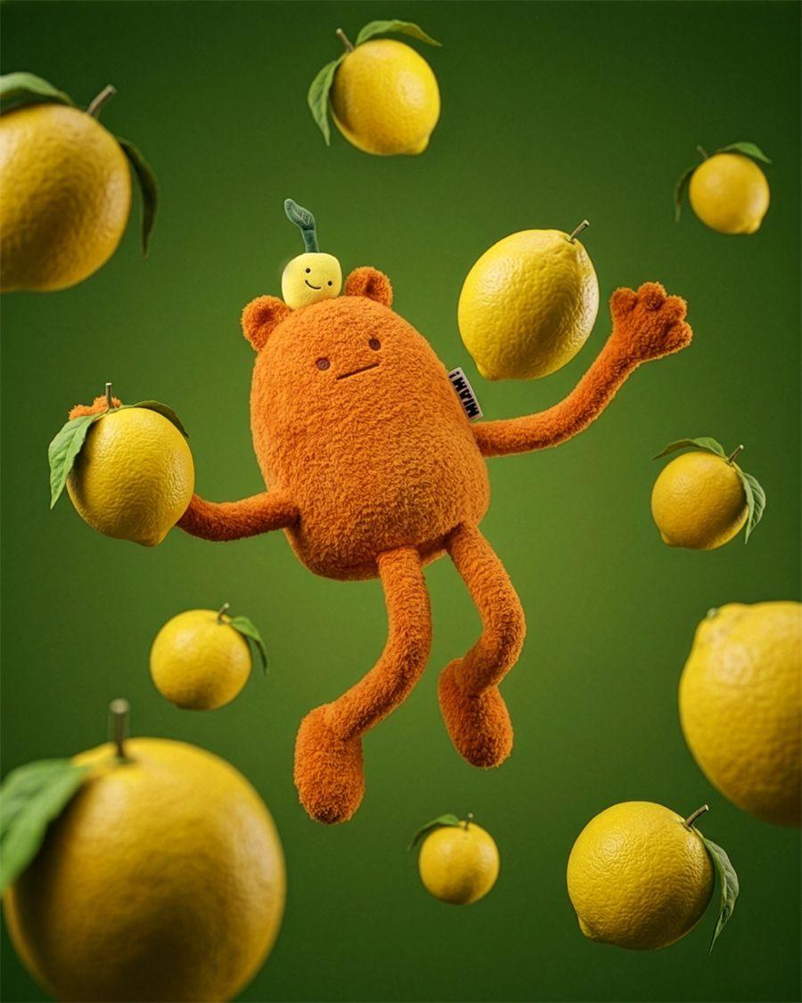 La peluche MIAM John Lemon en lévitation parmi des citrons sur fond vert
