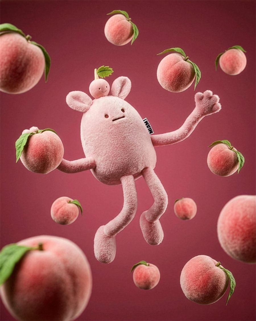La peluche MIAM Taylor Peach, rose pêche, en lévitation parmi des pêches sur fond framboise