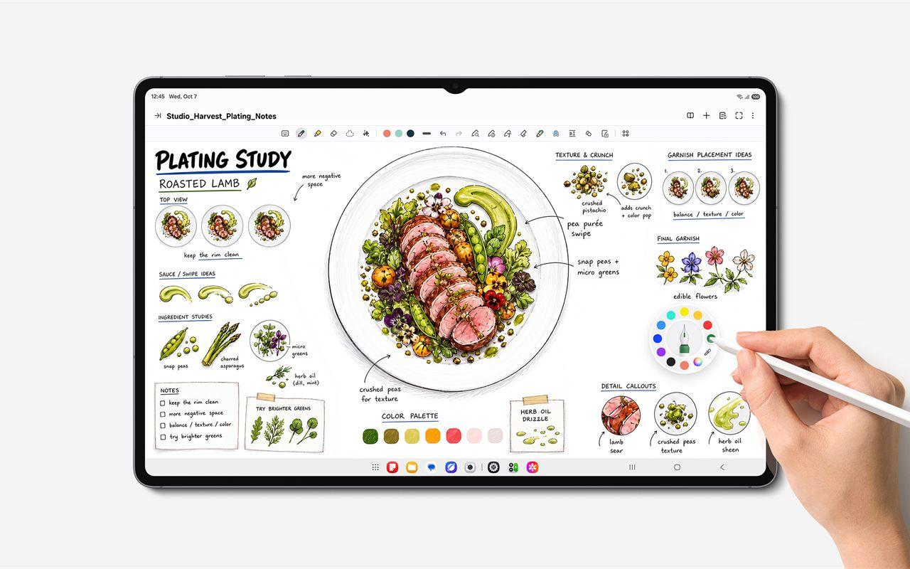 Une étude de dressage d'assiette dessinée en couleur au S Pen sur la Galaxy Tab S12 Ultra