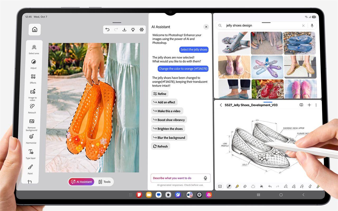 La version tablette de Photoshop ouverte sur la Galaxy Tab S12 Ultra, à côté d'un croquis au S Pen