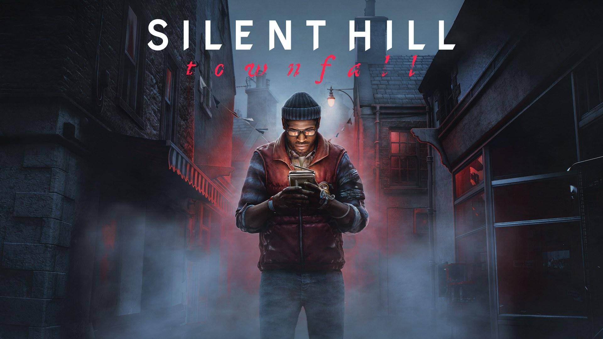 SILENT HILL: Townfall, affiche officielle : Simon et son CRTV dans une ruelle embrumée