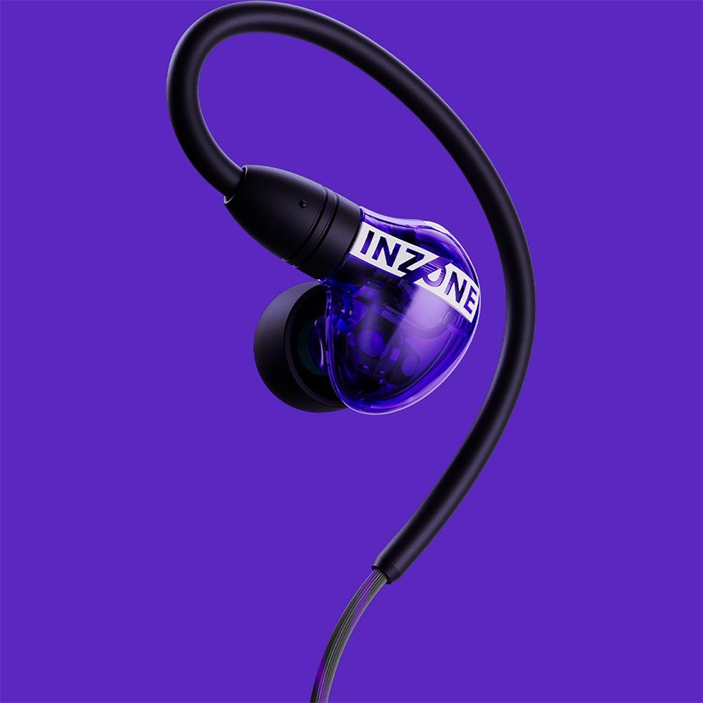Écouteur intra-auriculaire gaming Sony INZONE E9 Violet transparent, composants visibles sous la coque