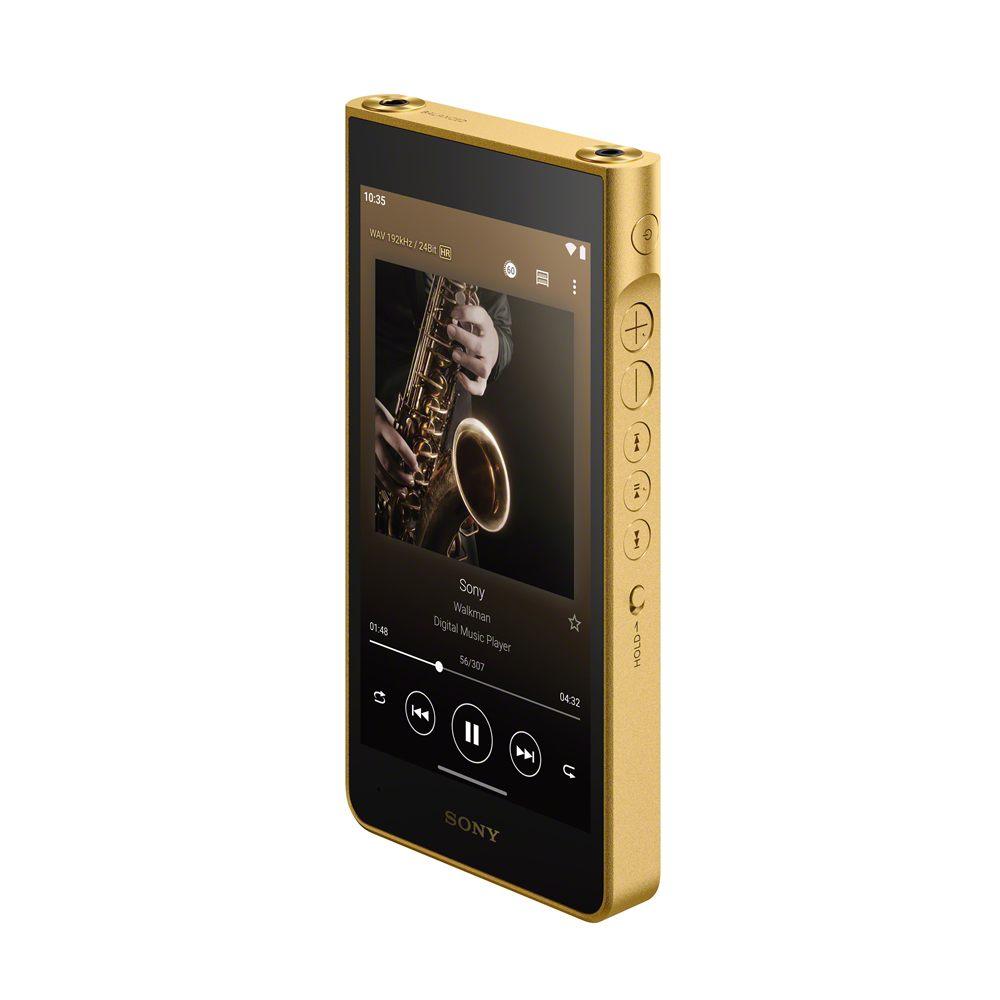 Walkman NW-WM1ZM3 de face, cadre doré, prises casque et touches latérales