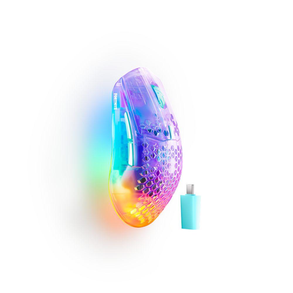 Souris SteelSeries Aerox 3 Wireless Gen 2 Fortnite, coque translucide en nid d'abeille et récepteur