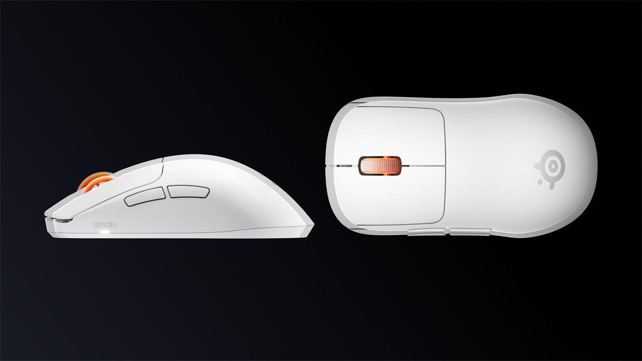 La souris SteelSeries Sensei Pro blanche vue de profil et de dessus