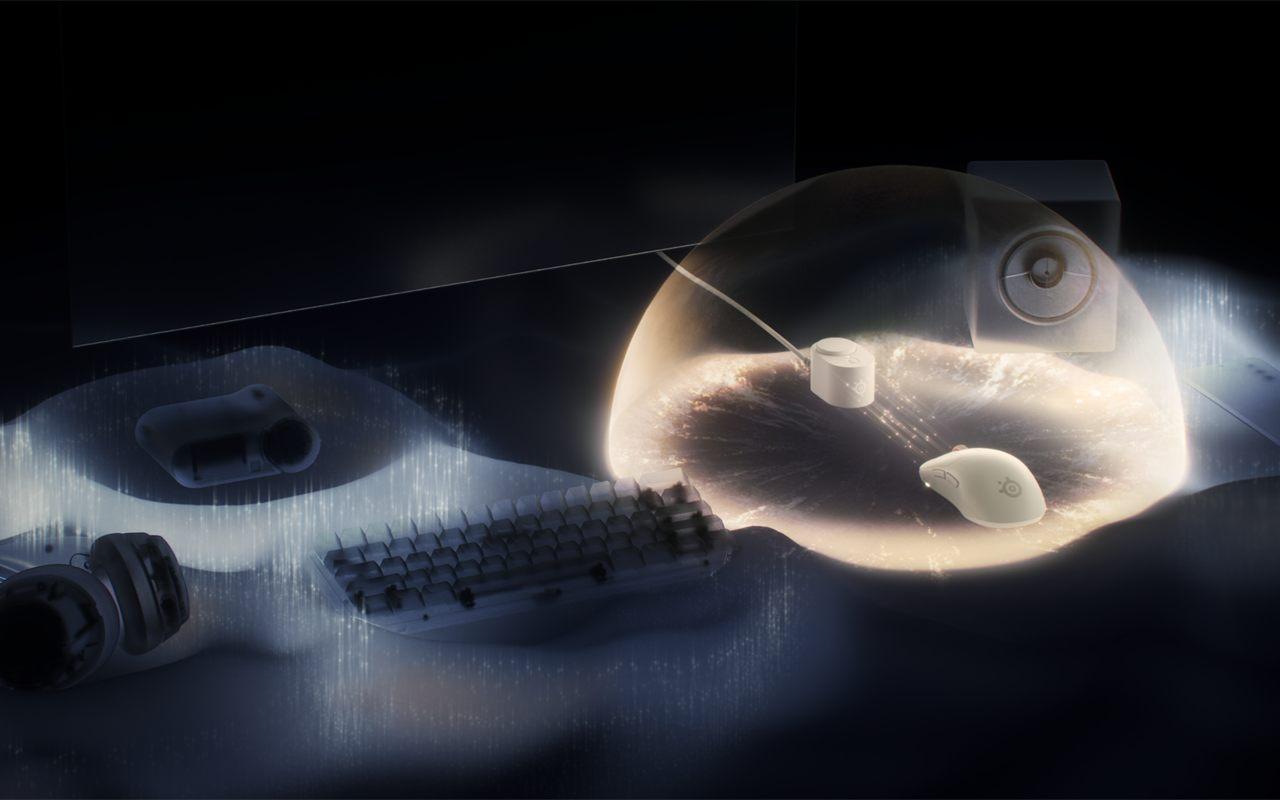 Bureau de joueur et souris Sensei Pro blanche sous un dôme lumineux