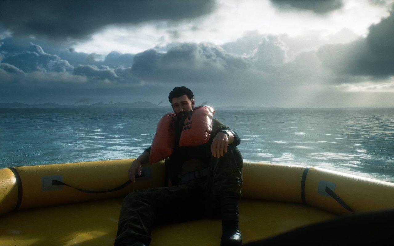 Un pilote à la dérive dans un canot de sauvetage jaune, en pleine mer