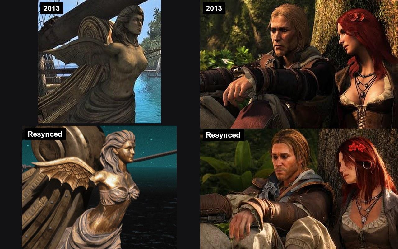 Comparaison entre 2013 et Resynced, figure de proue et tenue d'Anne Bonny désormais couvertes