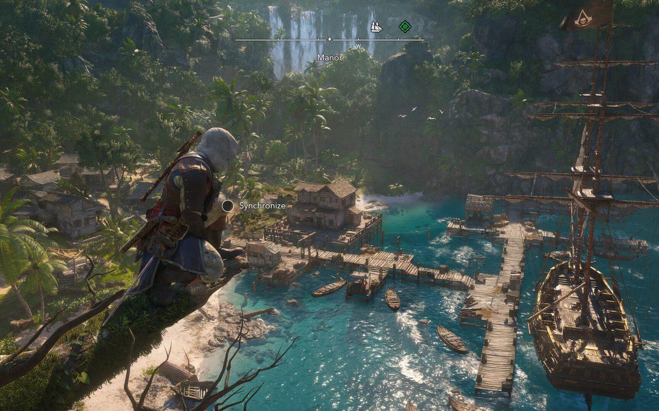 Edward surplombe une crique et un navire depuis la jungle