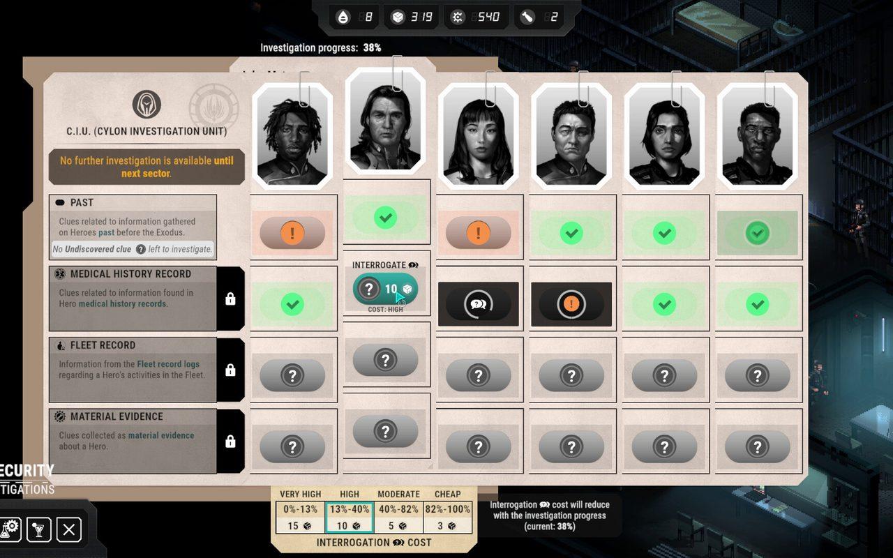 Tableau d'enquête sur les membres d'équipage soupçonnés d'être un Cylon infiltré