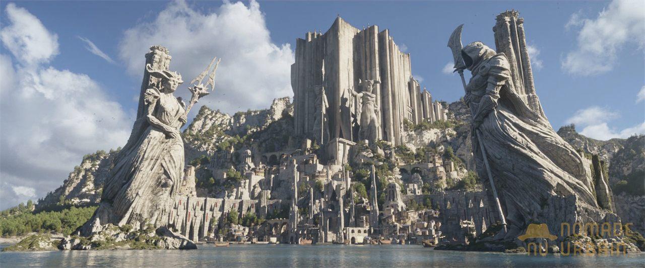 Cinématique de Diablo IV : la cité de Skovos encadrée de deux statues géantes