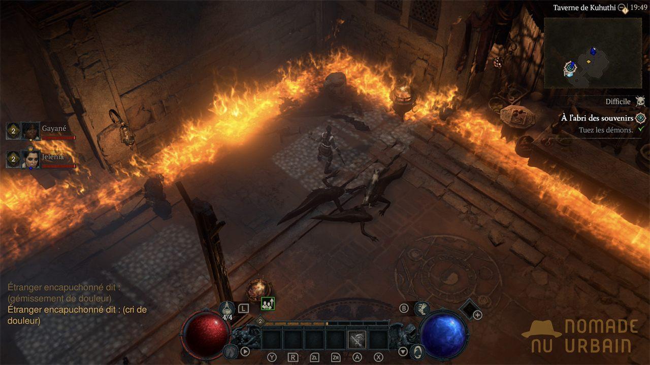 Combat dans une taverne cernée par les flammes dans Diablo IV