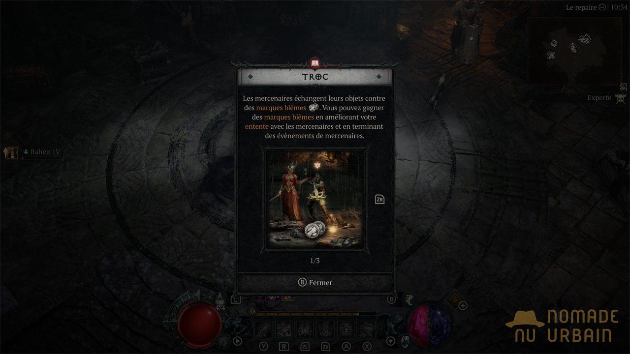 Écran de troc avec les mercenaires dans Diablo IV sur Switch 2