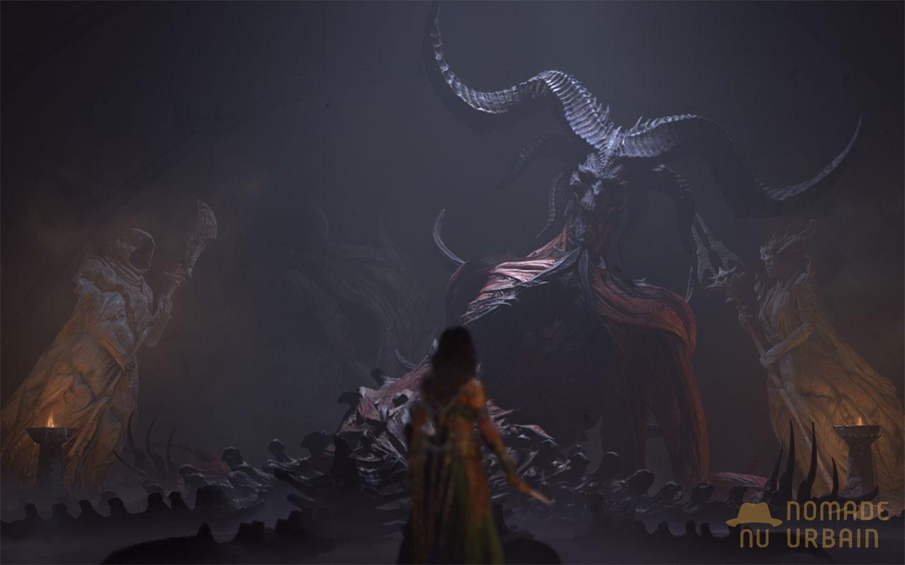 Une héroïne de dos face à Méphisto dans une cinématique de Diablo IV sur Switch 2