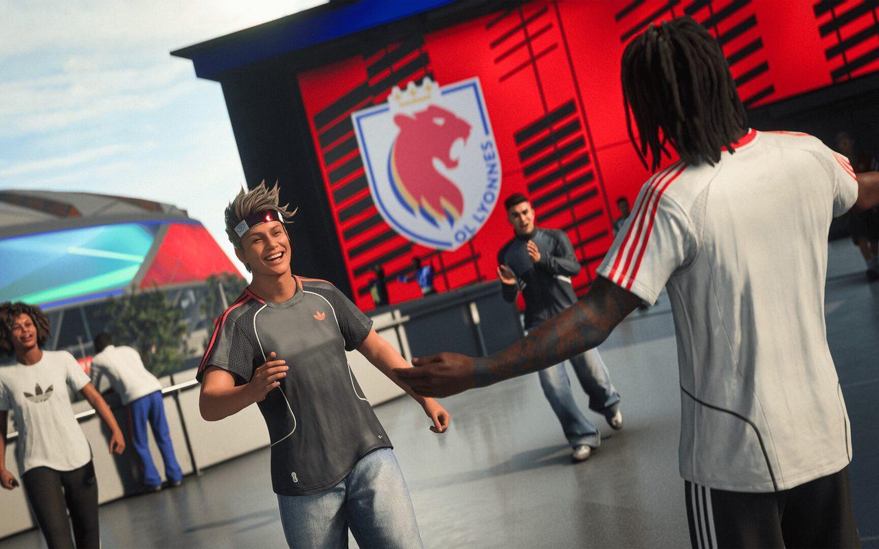 Des avatars se saluent devant l'écusson géant d'un club