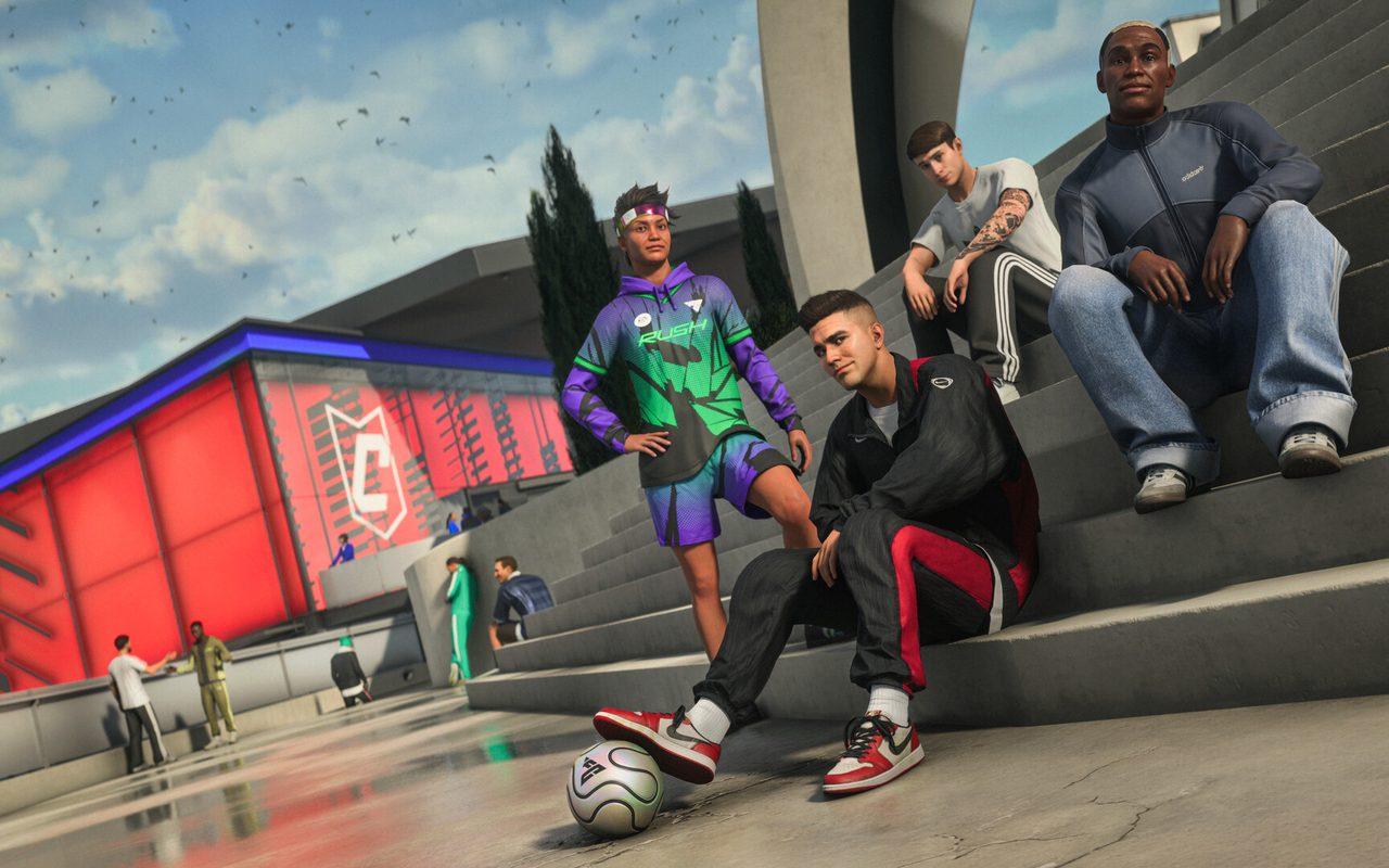 Trois avatars en tenue de sport assis sur des marches, ballon au pied