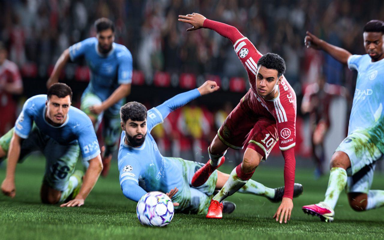 Jamal Musiala échappe à un tacle glissé de deux joueurs de Manchester City