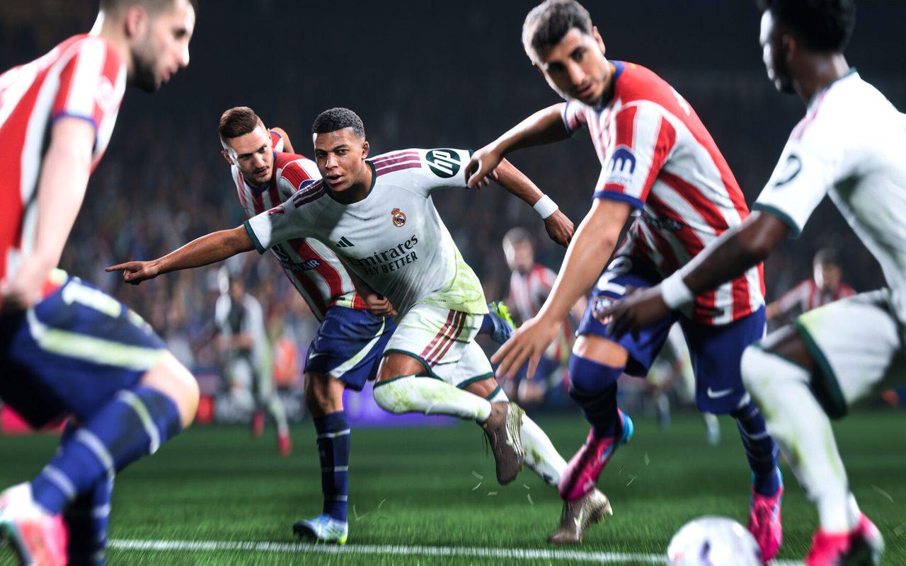 Kylian Mbappé ballon au pied face à la défense de l'Atlético dans EA Sports FC 27