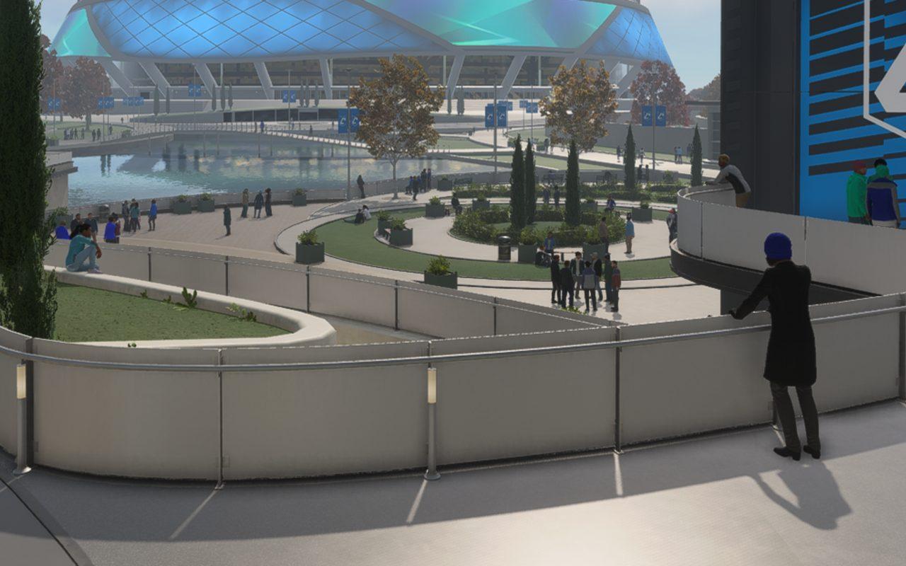 L'esplanade de The Grounds, entre allées, gradins et stade illuminé, dans EA Sports FC 27