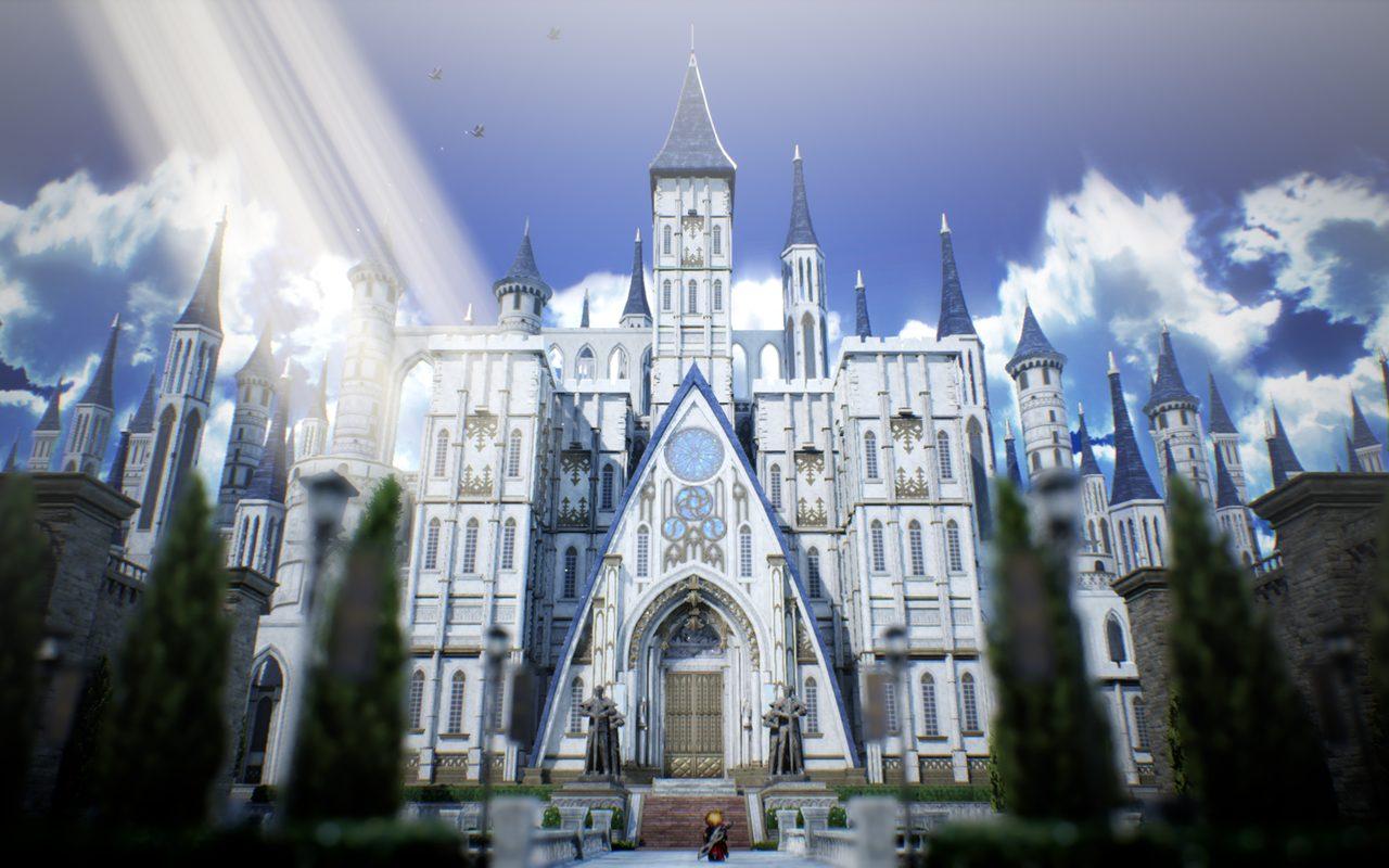 Château aux flèches blanches sous un ciel lumineux dans Final Fantasy Resonance