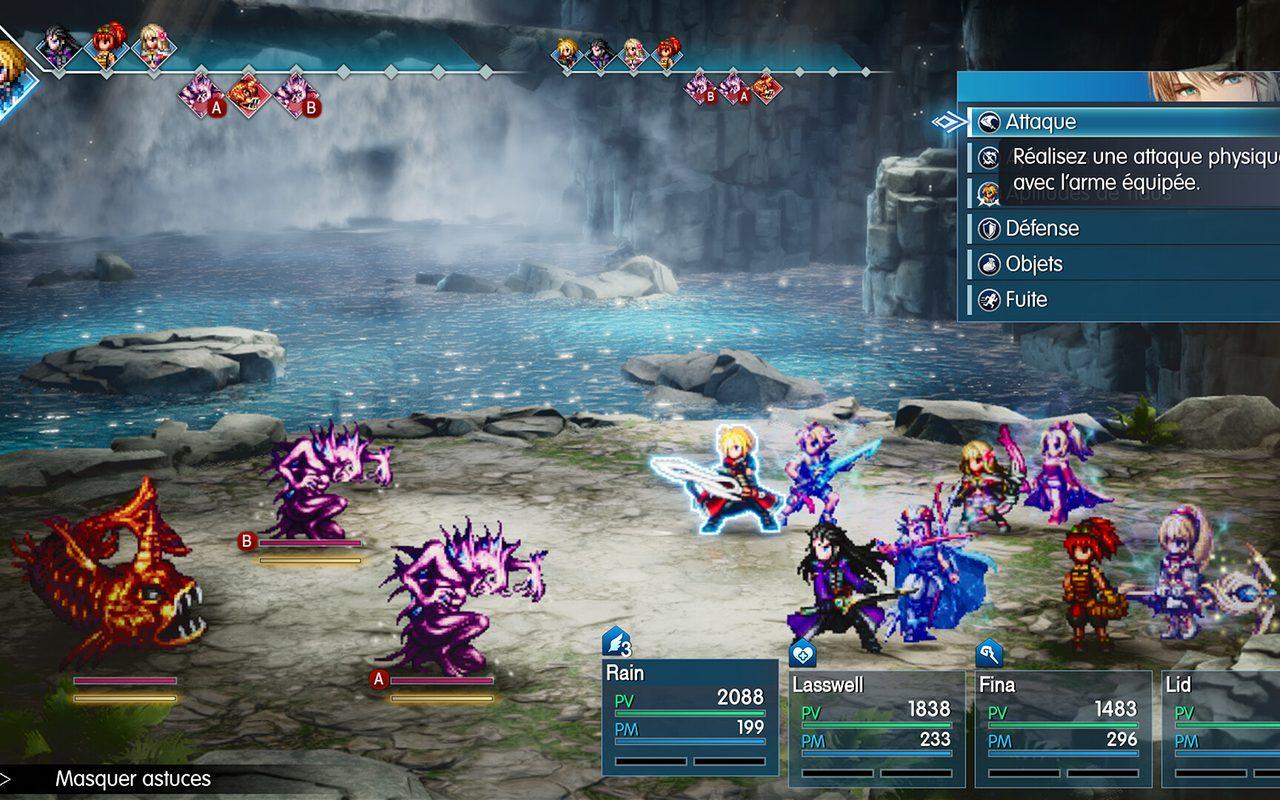 Combat au tour par tour au bord d'une cascade dans Final Fantasy Resonance