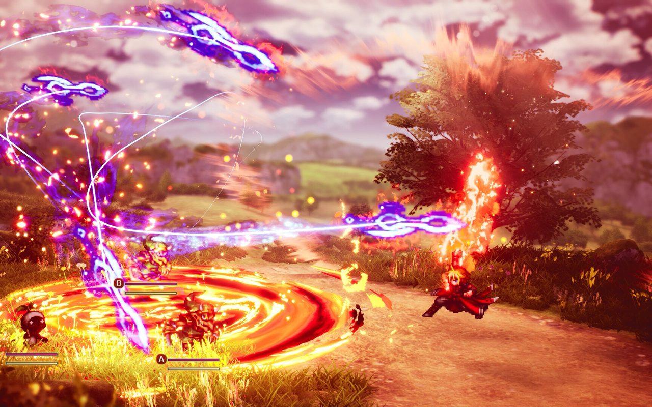Combat en pixel art entouré d'effets de magie dans un champ de Final Fantasy Resonance
