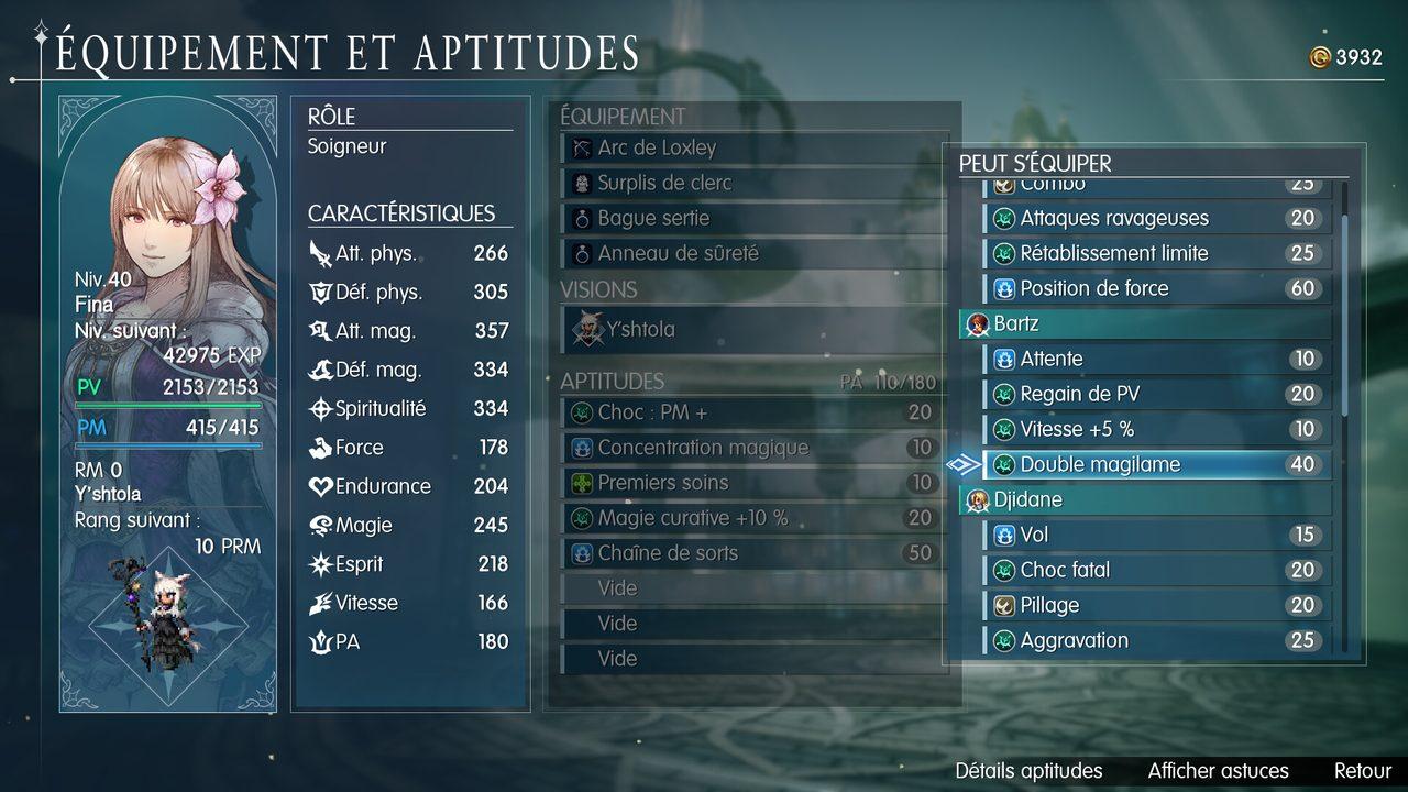 Menu d'équipement de Fina avec la Vision de Y'shtola dans Final Fantasy Resonance