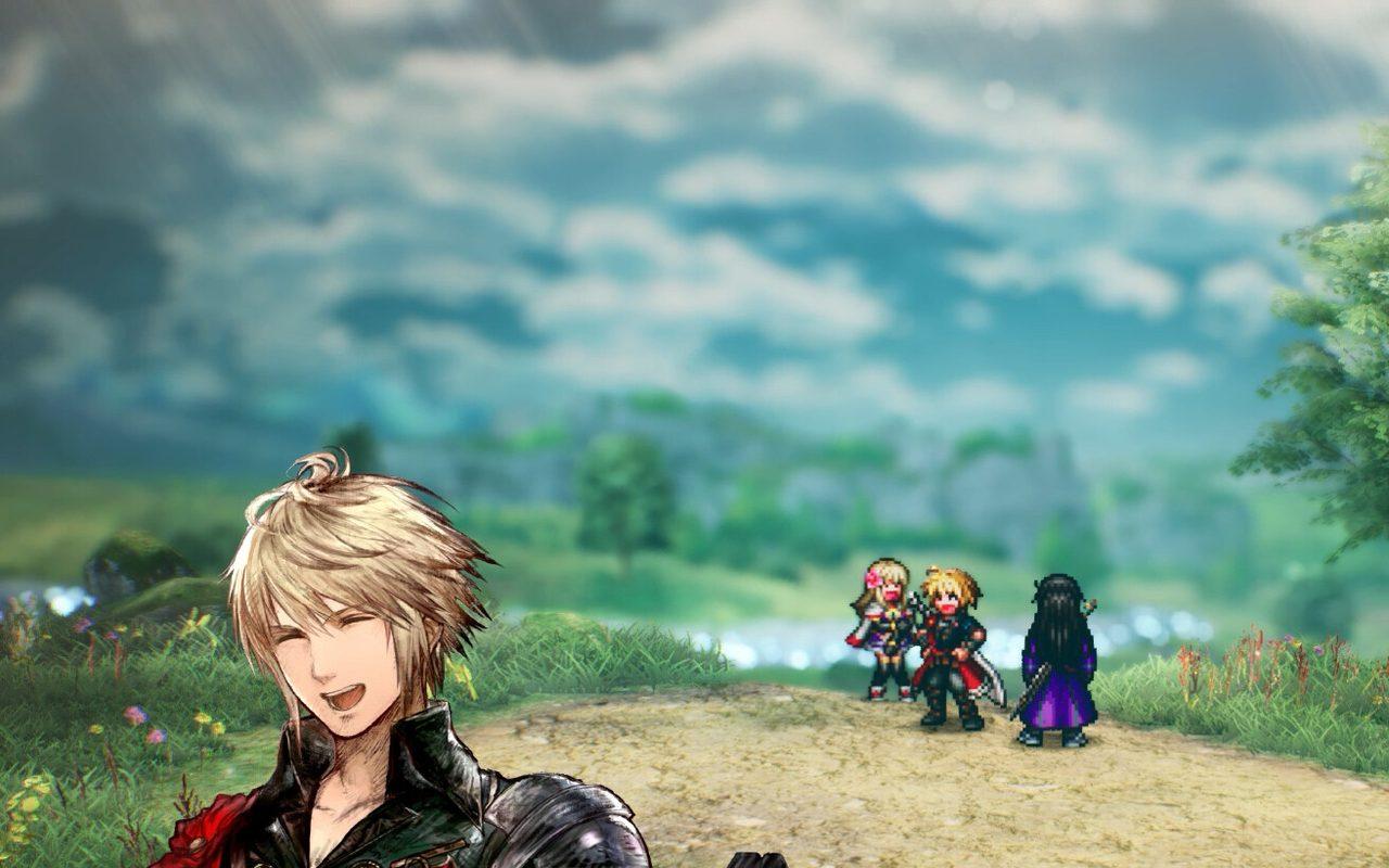 Rain rit devant son groupe en pixel art dans la campagne de Lapis