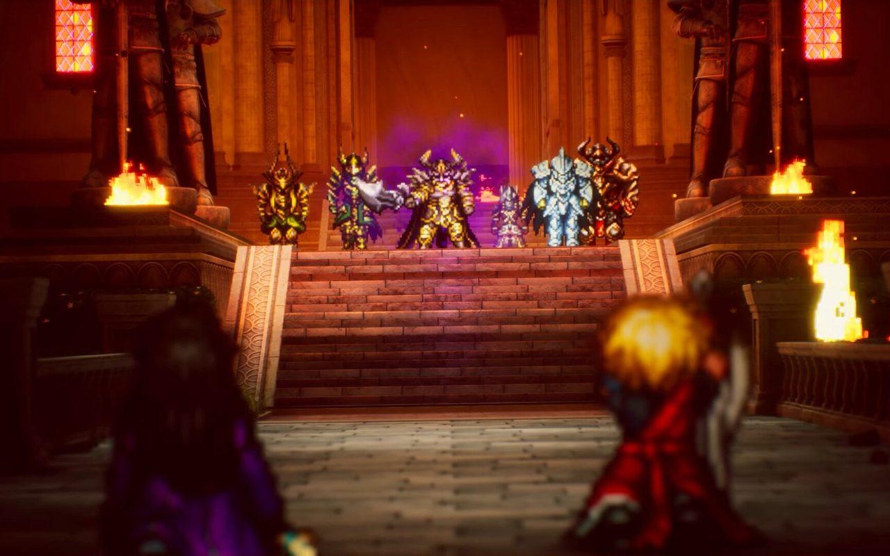 Le groupe face à des adversaires en armure dans une salle du trône de Final Fantasy Resonance