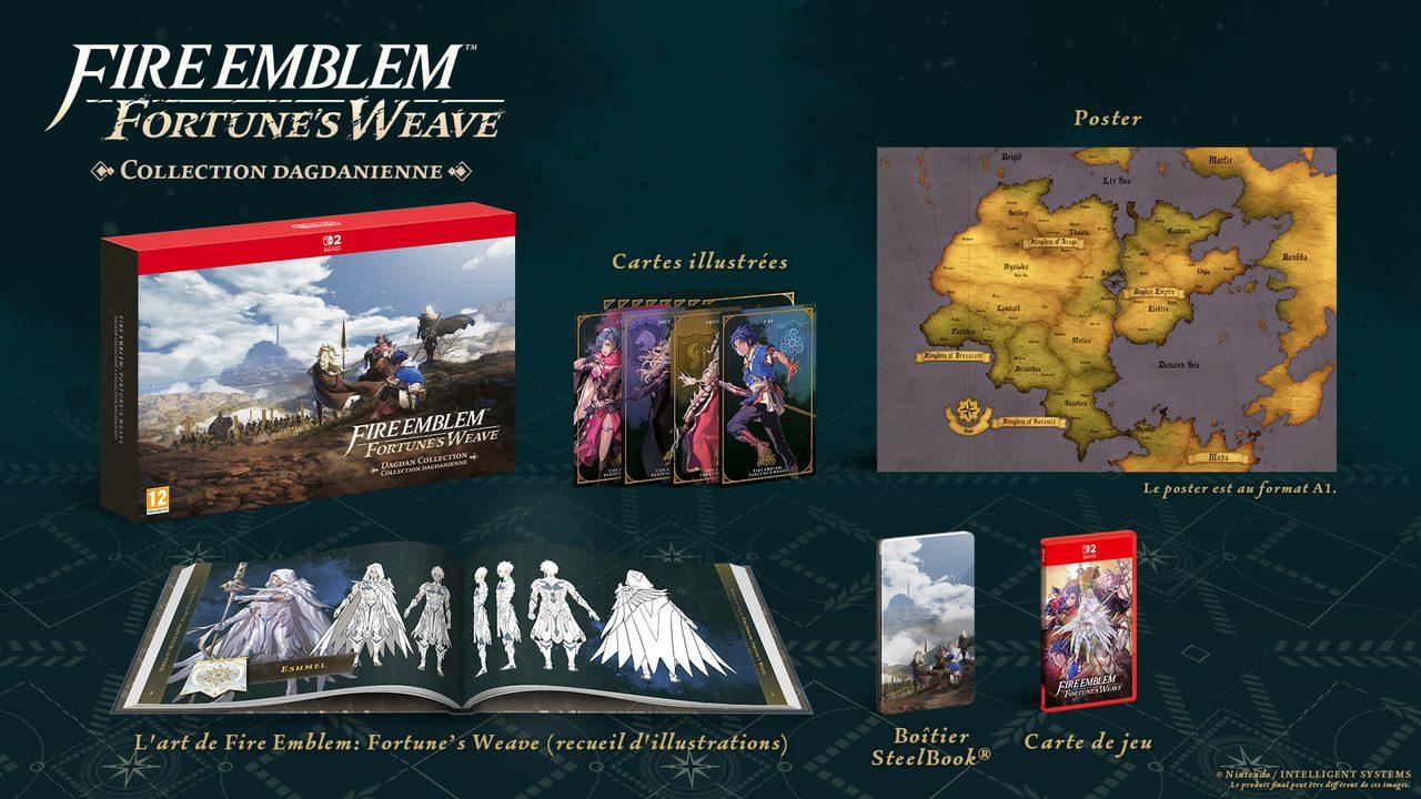 Le contenu de la Collection dagdanienne de Fire Emblem: Fortune's Weave, coffret, affiche, cartes et recueil