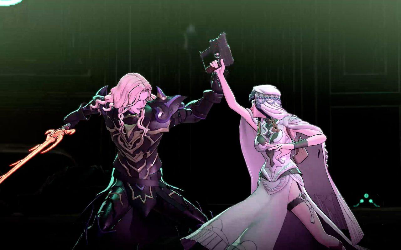 Deux personnages en armure rose se font face dans la pénombre