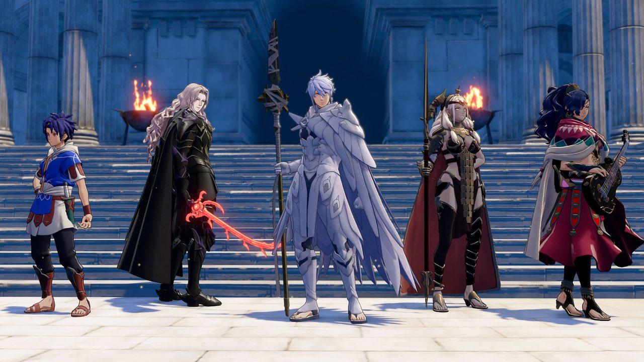 Les héros de Fire Emblem: Fortune's Weave réunis au pied d'un escalier de temple