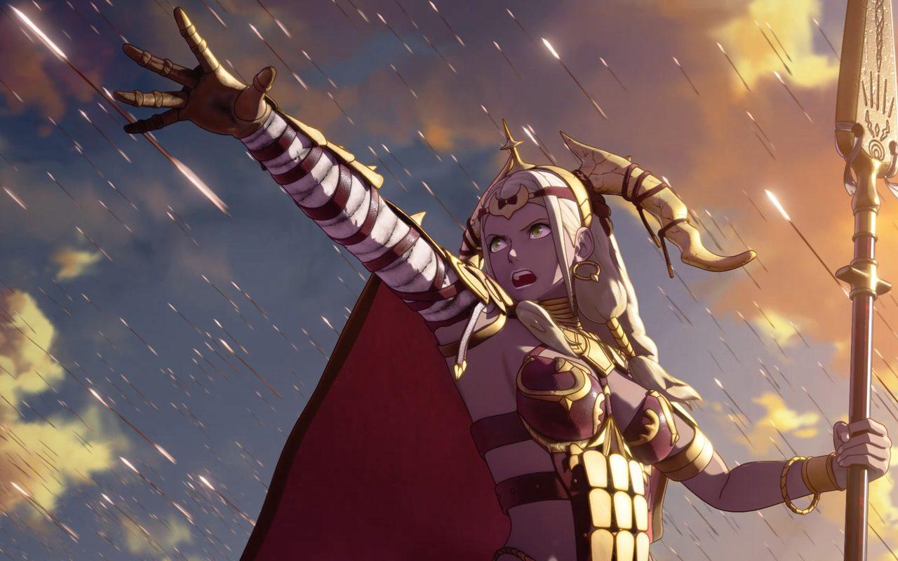 Theodora tend le bras sous un ciel doré dans Fire Emblem: Fortune's Weave