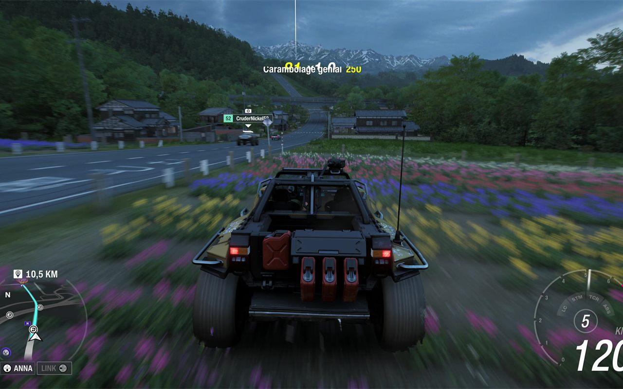 Buggy lancé à pleine vitesse sur une route de campagne bordée de fleurs