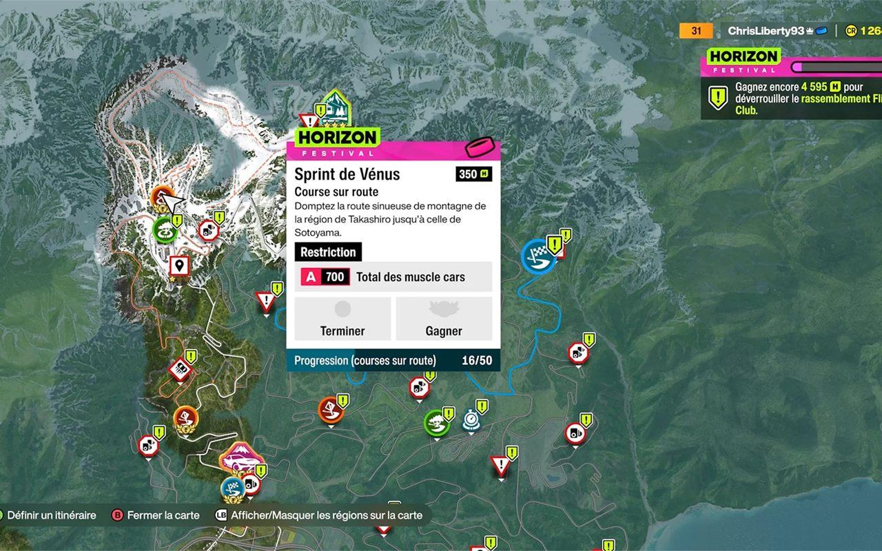 Carte du Festival Horizon Japan avec ses épreuves, interface en français