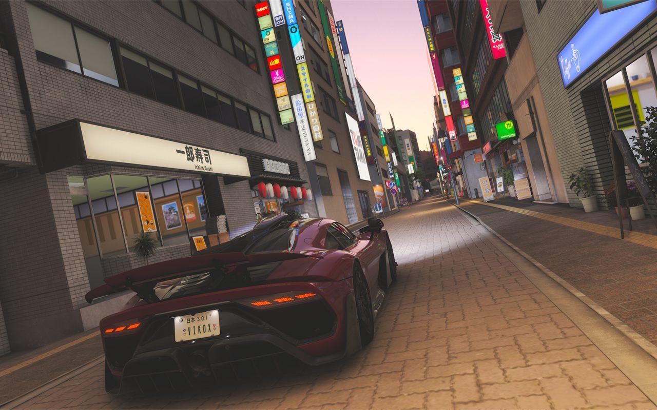 Hypercar rouge dans une ruelle de Tokyo bordée d'enseignes au néon dans Forza Horizon 6