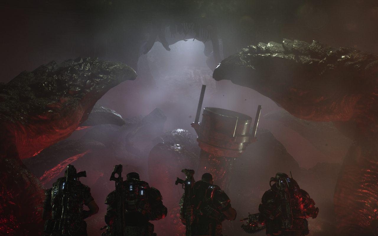 Quatre soldats de la CGU face à une galerie souterraine des Locustes dans Gears of War: E-Day