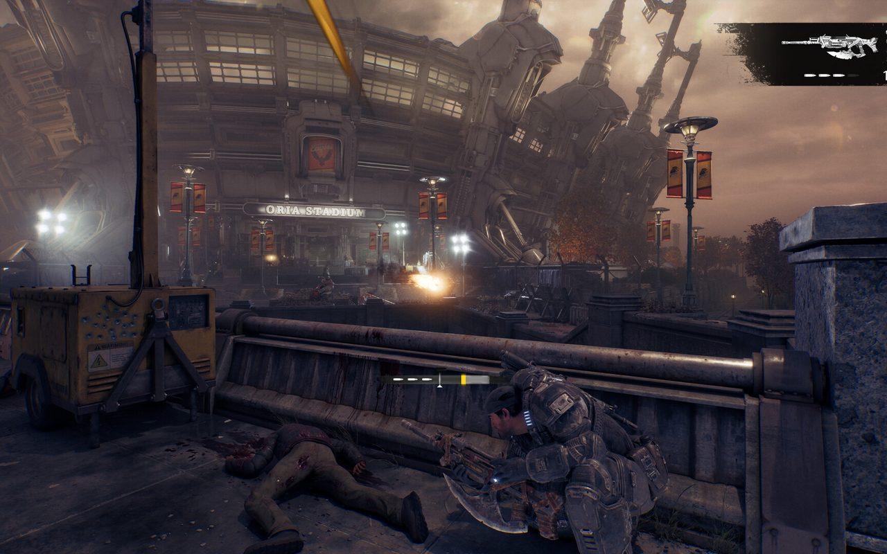 Une place de Kalona au crépuscule, bâtiments endommagés, dans Gears of War: E-Day