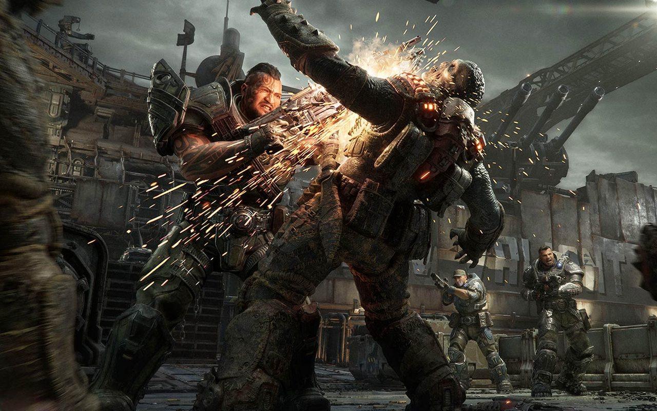 Un soldat découpe un Locuste au corps-à-corps avec son fusil dans Gears of War: E-Day