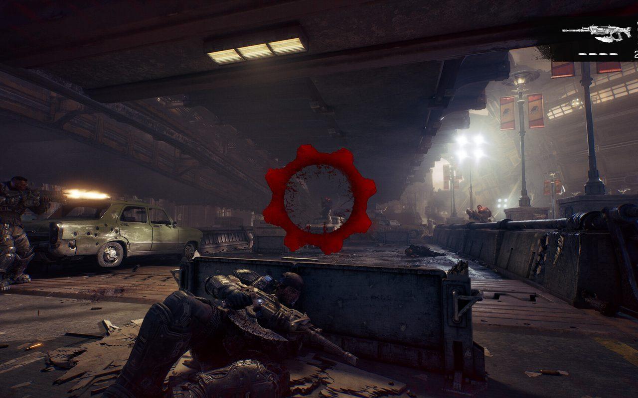 Vue à l'épaule à couvert derrière un muret dans Gears of War: E-Day