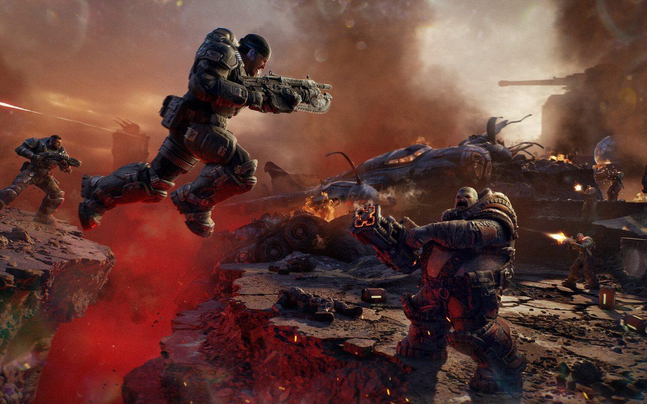 Un soldat saute par-dessus une brèche en plein combat dans Gears of War: E-Day
